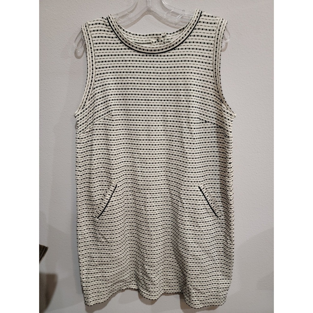 Ann Taylor Loft Black Ivory Morse‎ Code stretch Sleeveless Shift Dress L Large